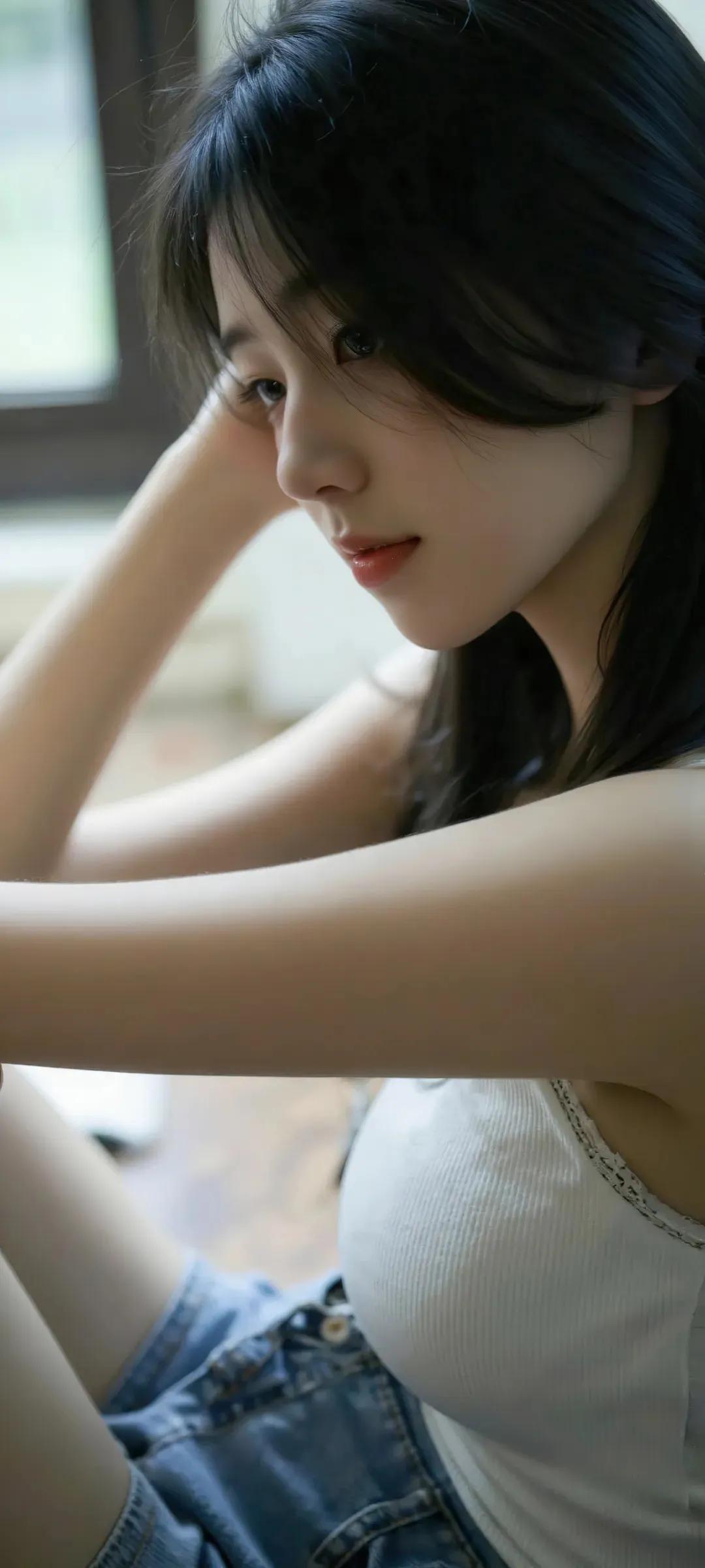 阳光洒进来的午后，少女轻倚窗边，微笑如春风。全屏手机高清壁纸