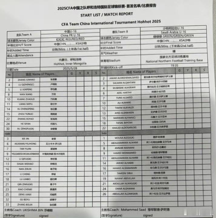 U16国足vs沙特U16首发邝兆镭首发出战 能从8岁看到16岁的人不多..中国U