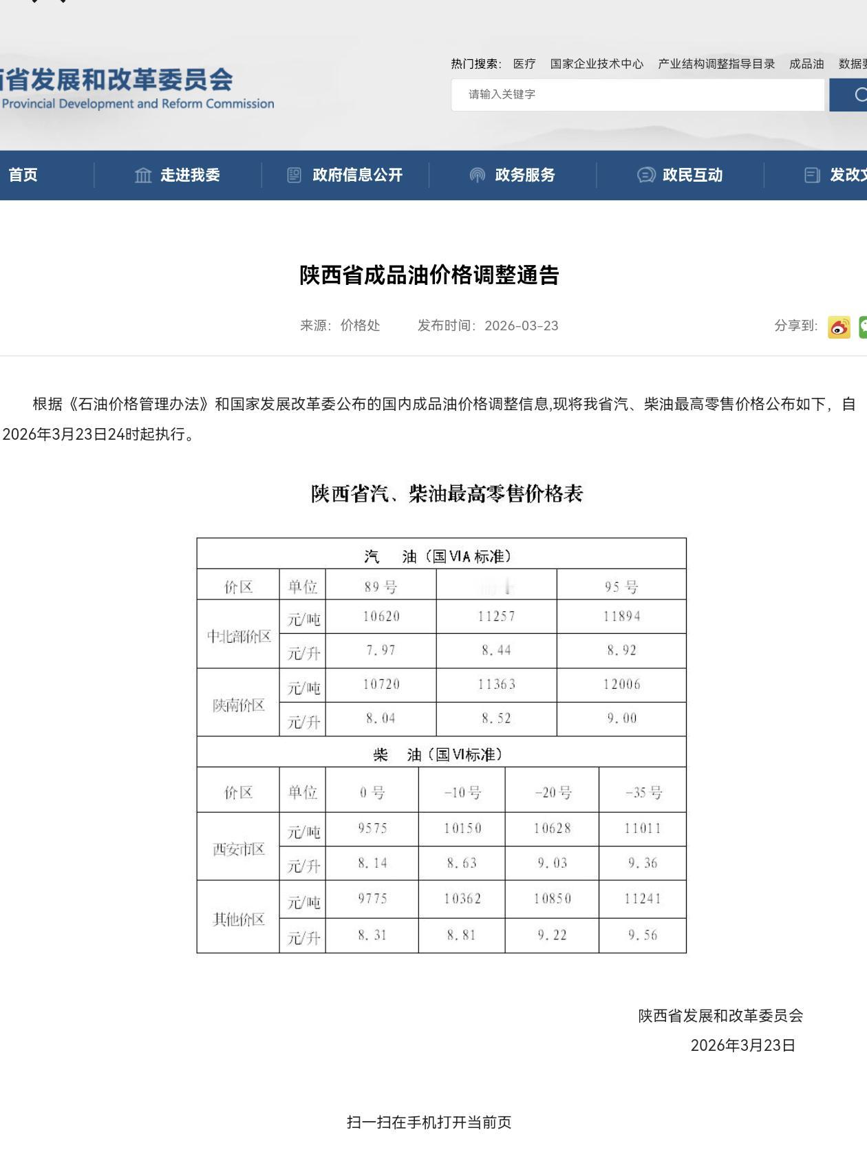 陕西省发展和改革委员会网站发布
陕西省成品油价格调整通告
3月23日24时起执行