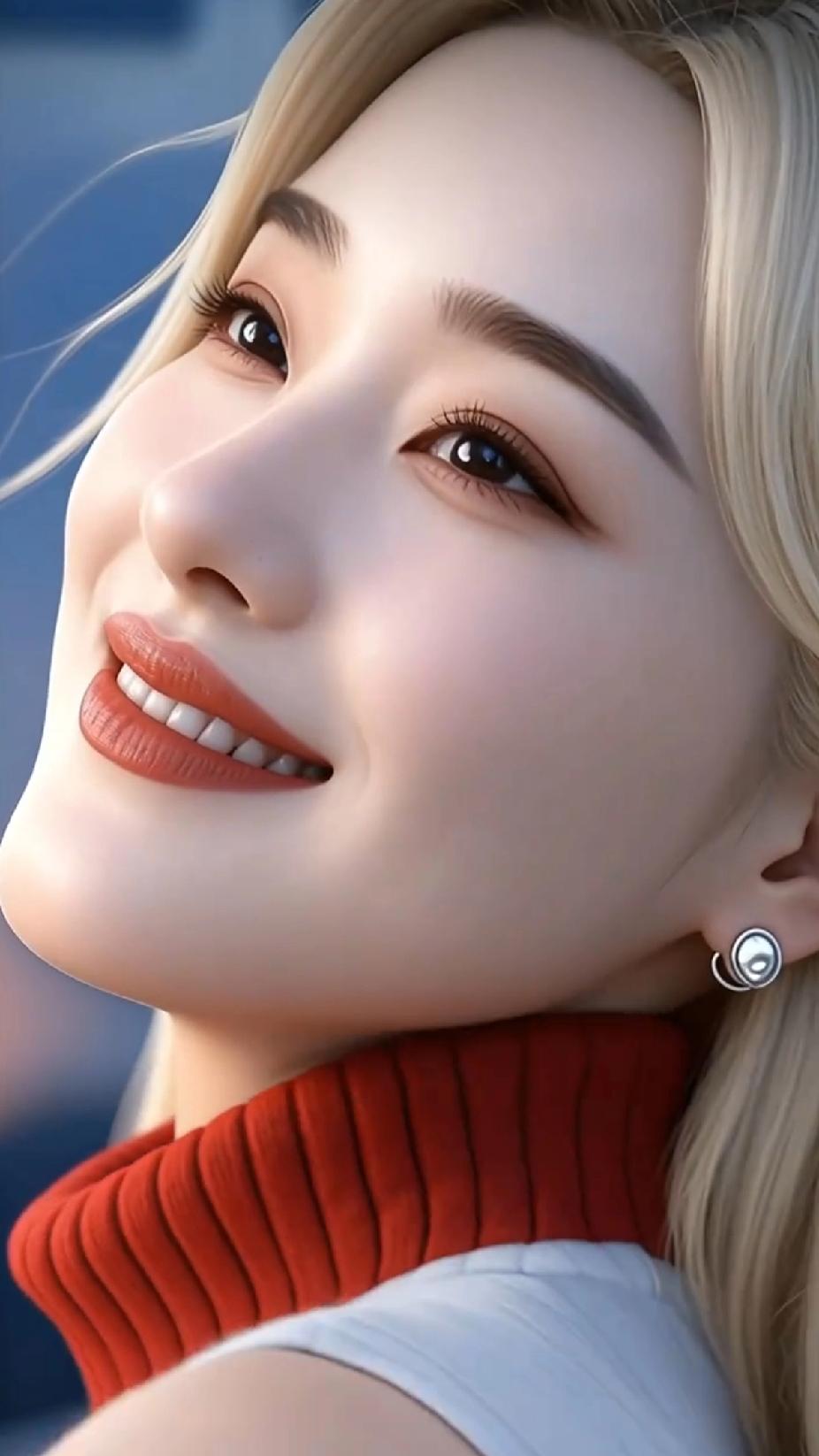 金发红衣，优雅动人。