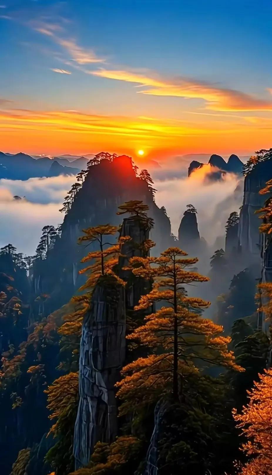 云海日出，仙境山水，黄石寨的诗意之美。风景宏伟独秀 神话般的美景 美景藏心 奇景