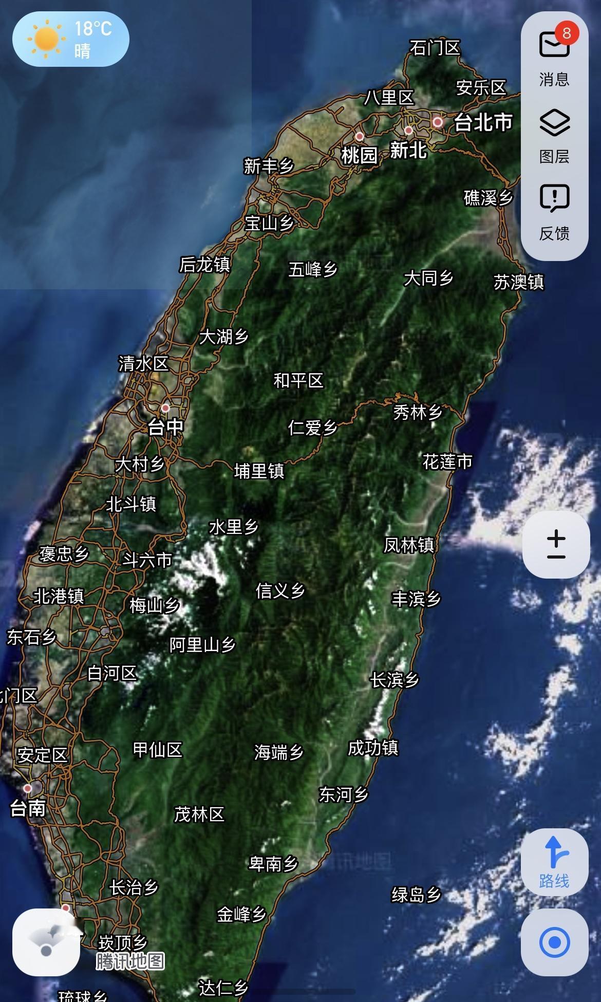 现在地图导航可以清晰看到台湾
腾讯地图可以轻松会看到台湾
和我们大陆一模一样的状