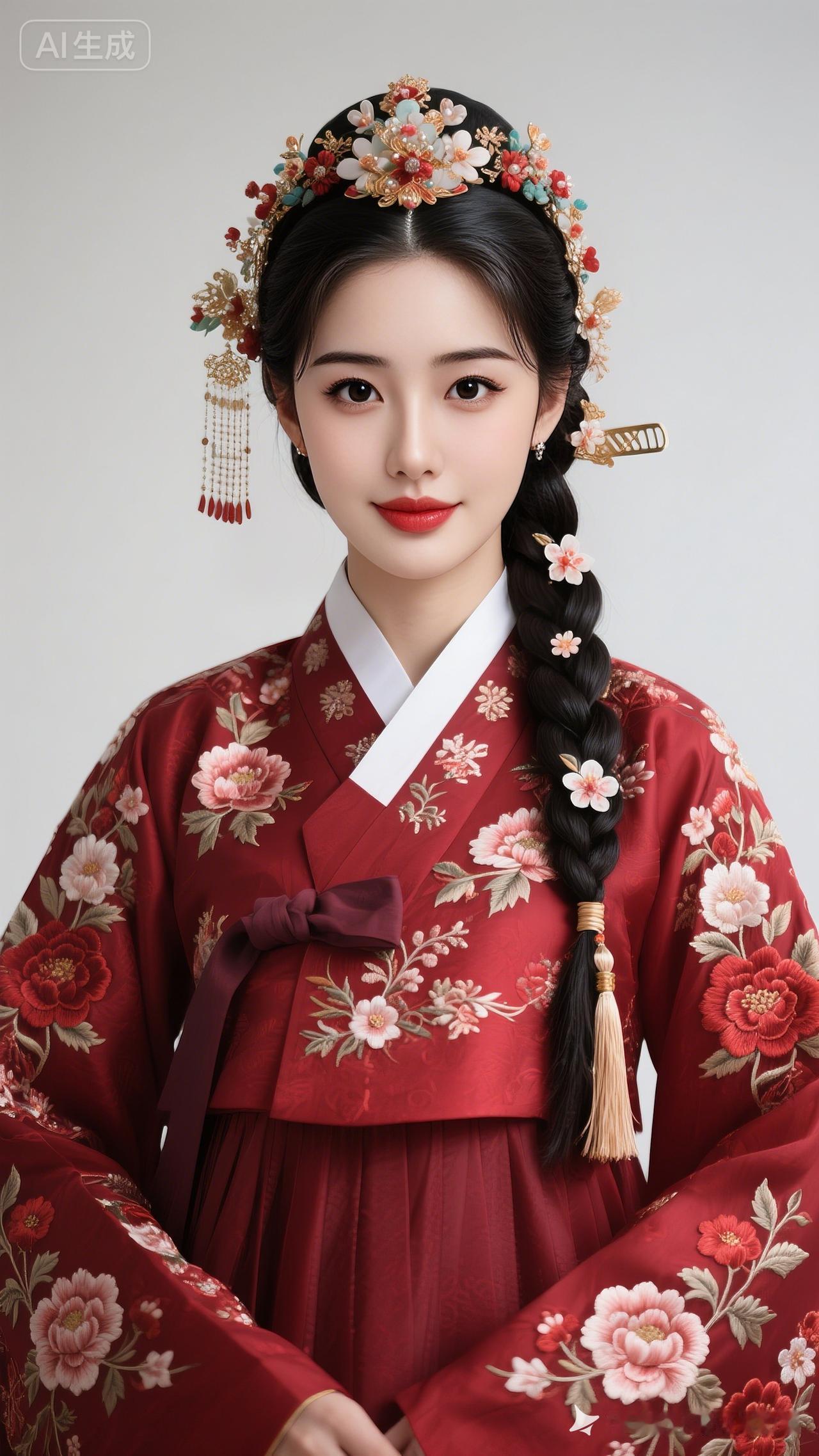 古典美人，红衣华裳，花簪点缀，古韵悠长。