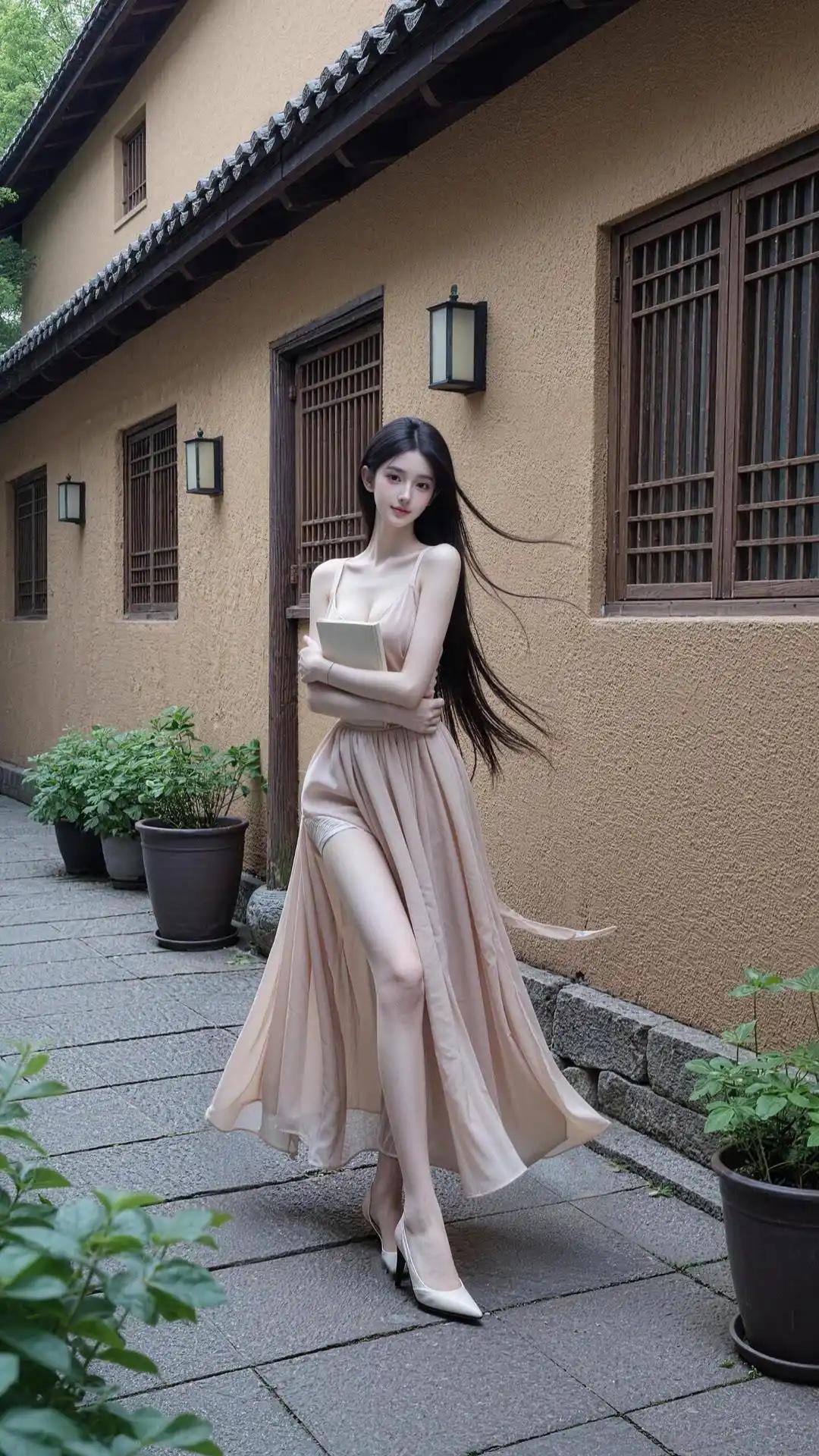 优雅漫步在古风庭院，长裙飘飘，气质如兰。新中式白色长裙