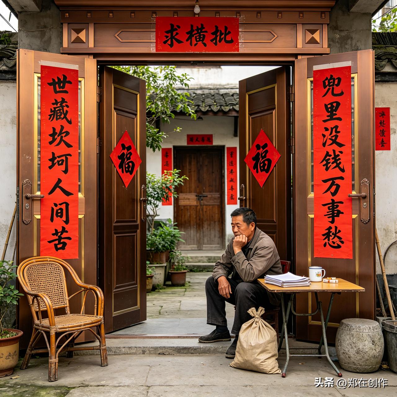今天分享一副写实生活对联，上联：世藏坎坷人间苦，下联：兜里没钱万事愁。对联道尽普