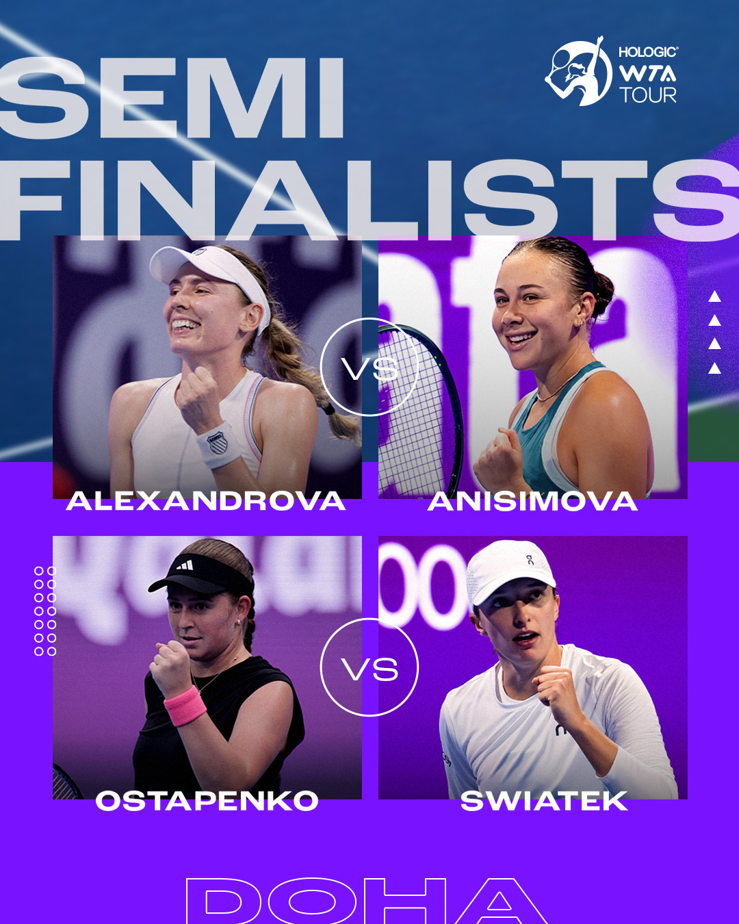 WTA1000 多哈站半决赛对阵出炉🦅亚历山德洛娃 vs 阿尼西莫娃奥斯塔彭科