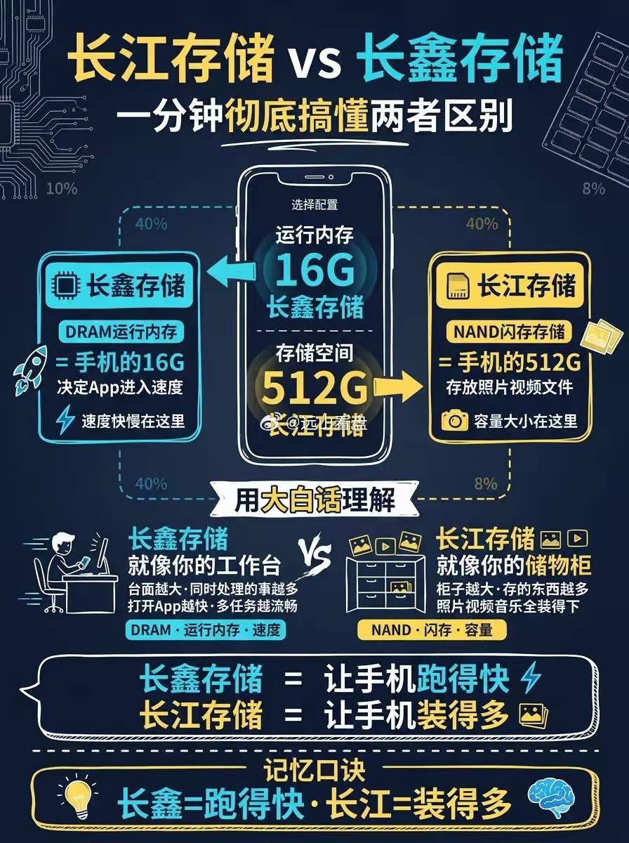 长江存储和长鑫存储傻傻分不清？一张白话讲透核心区别长江存储 长鑫存储 手机内存科