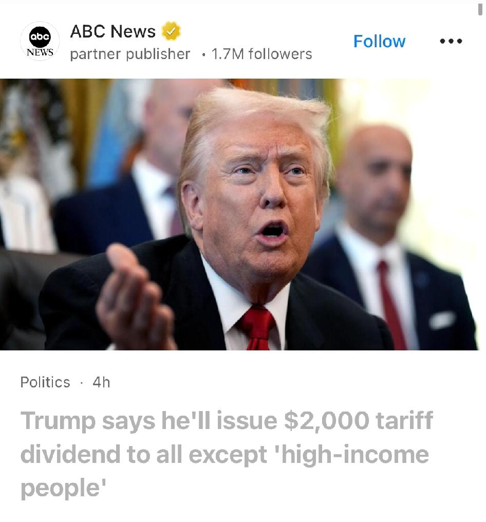 美国总统唐纳德·特朗普周日声称，除“高收入人群”外，所有美国人将获得“每人至少2