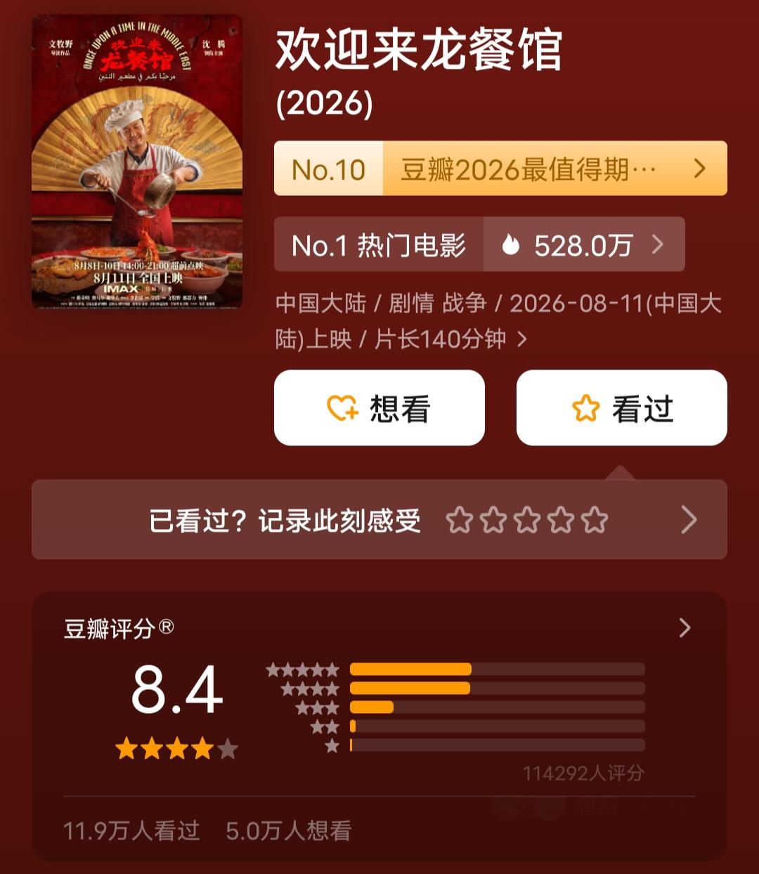 《欢迎来龙餐馆》豆瓣开分8.4分，上映一天票房2.56亿。个人觉得《龙餐馆》应该