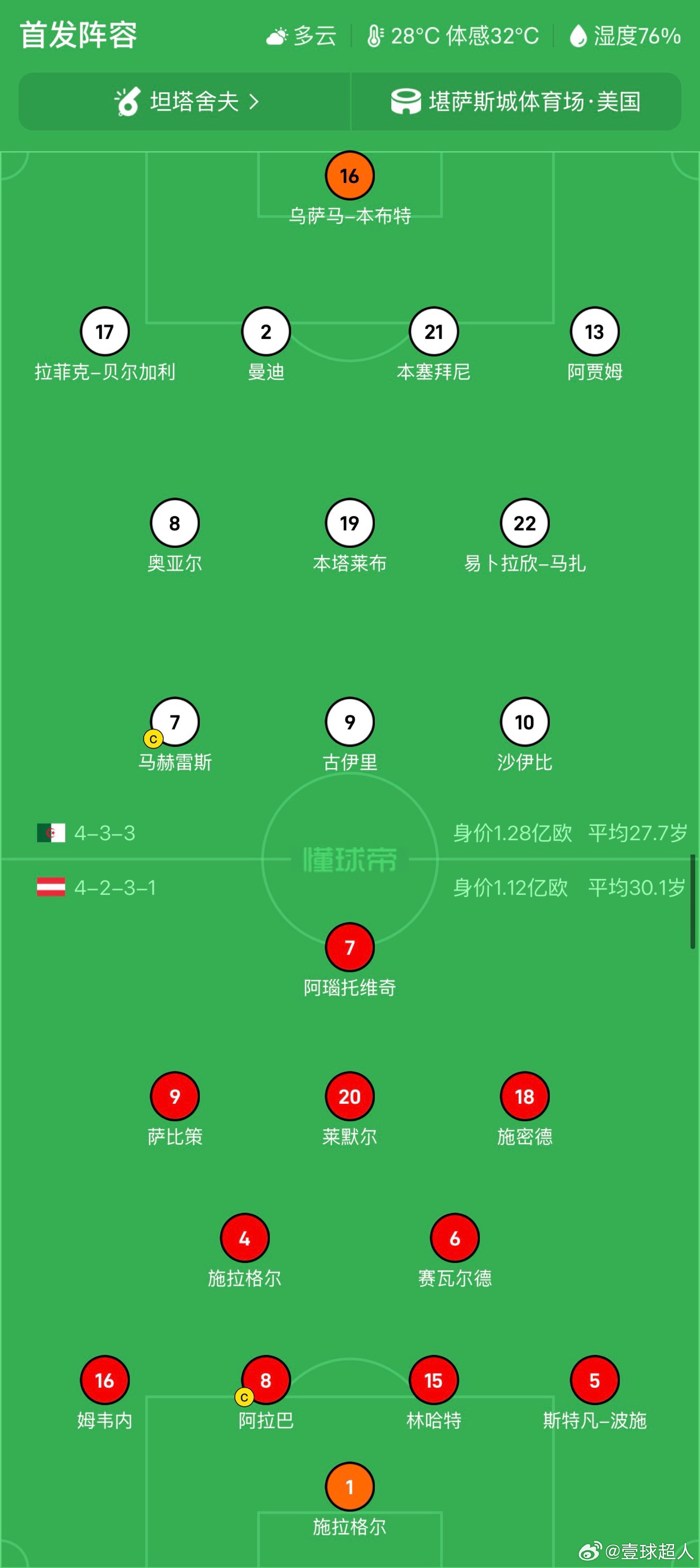 阿尔及利亚vs奥地利 首发来了！ 