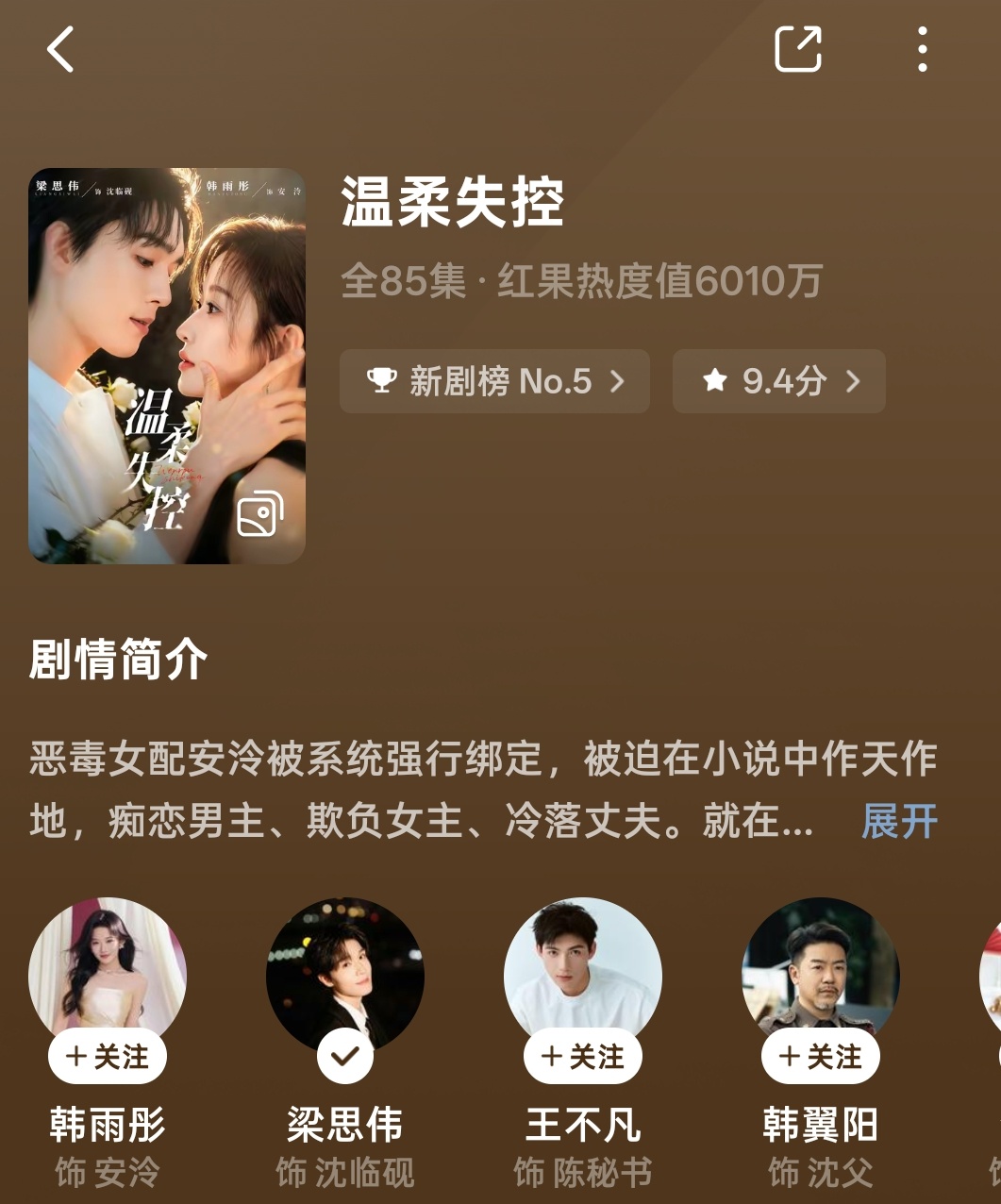 温柔失控剧评：男女主颜值不用说顶好，而且剧里各种配角颜值都不错，对眼睛友好。剧情