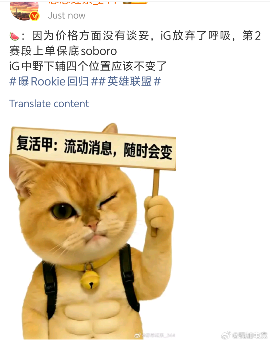 恋恋红茶发文🍉：因为价格方面没有谈妥，iG放弃了呼吸，第2赛段上单保底sobo