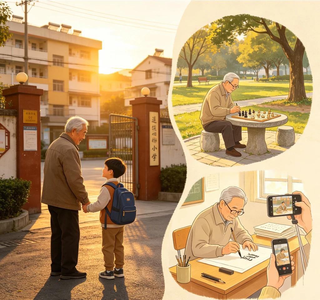 退休之后的生活充实而安稳。每天按时接送孙子上学，是我固定的日常。闲暇之余，我会摆