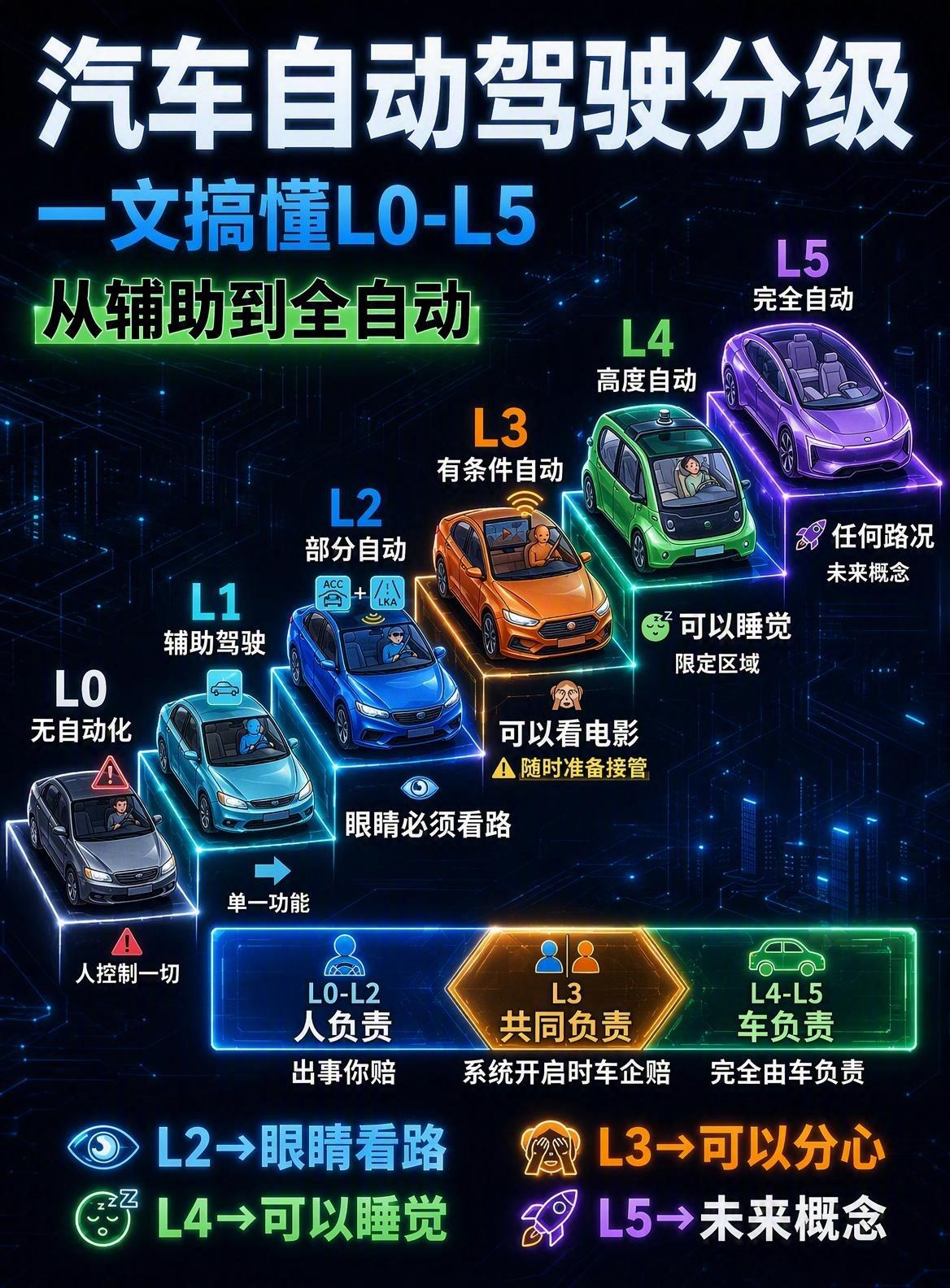L0无自动化：全程人为操控
L1辅助驾驶：单一功能辅助，人紧盯路况
L2部分自动