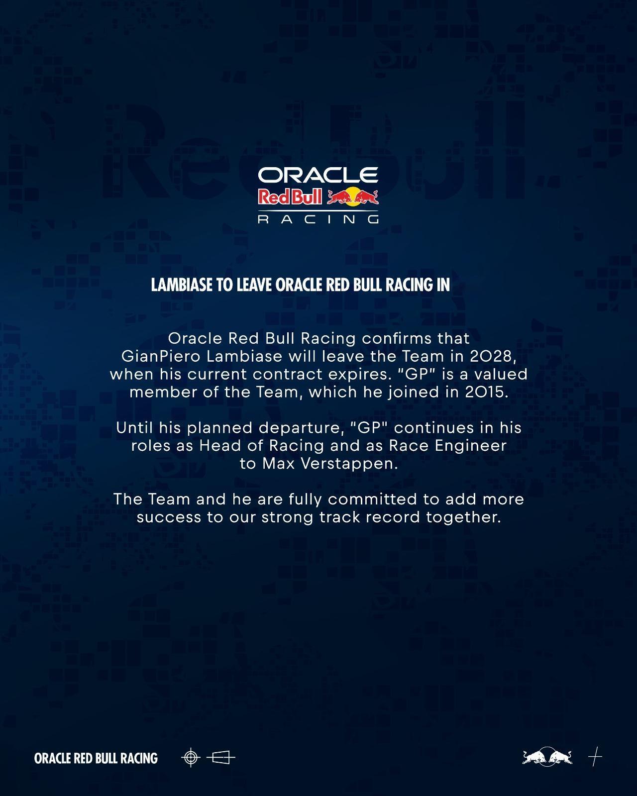 【Breaking News】红牛车队官方宣布：GP将在2028年离开车队GP在