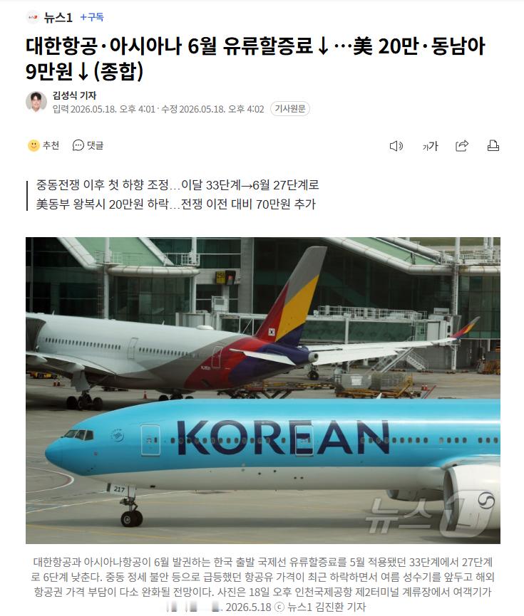 【韩国大韩航空、韩亚航空6月燃油附加费下调…美国航线降20万韩元，东南亚降9万韩