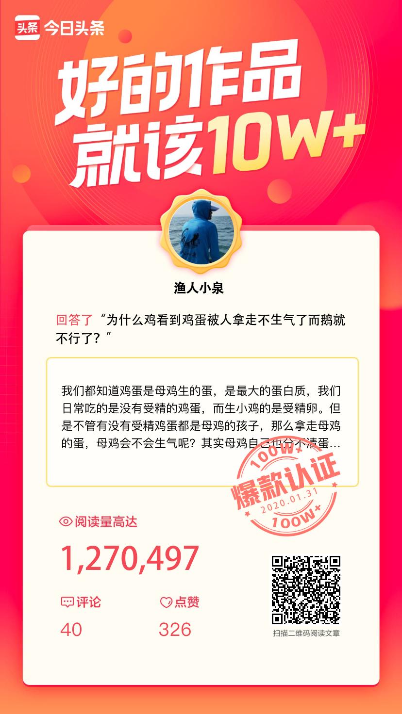 我发布的回答在今日头条的阅读次数已破10万！被认定为爆款内容，快来围观！