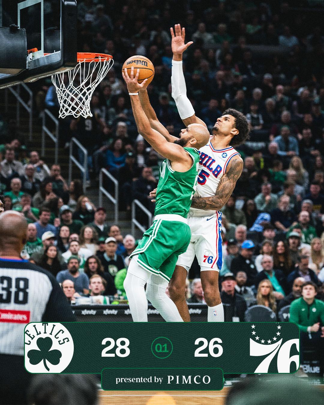 首节比赛结束，28-26。波士顿凯尔特人[超话]BLEEDGREEN76人vs凯