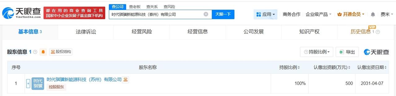 宁德时代在泰州成立新科技公司 注册资本500万

天眼查App显示，近日，时代骐