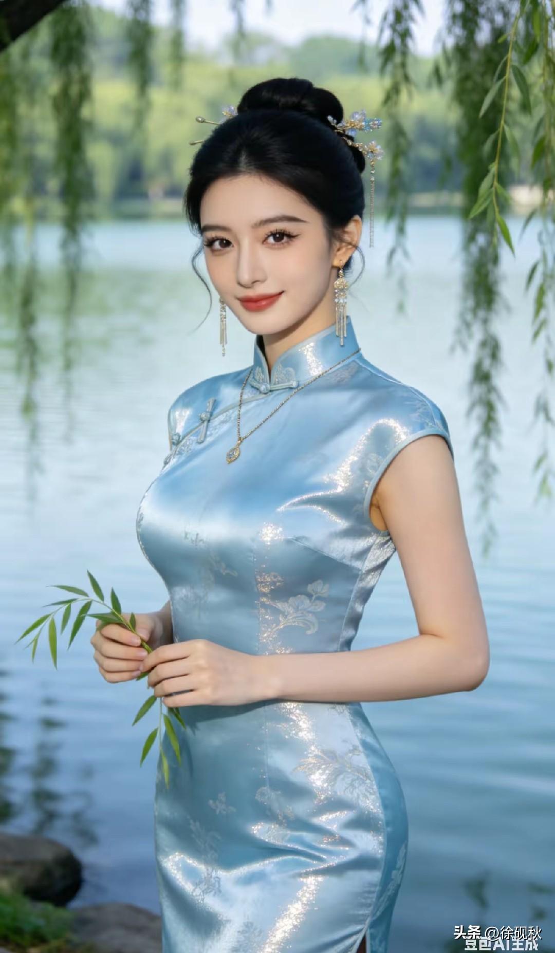 江南水乡，旗袍雅韵。
流动风景，国风古韵。
一把雨伞，一把折扇。
端庄娴雅，多姿