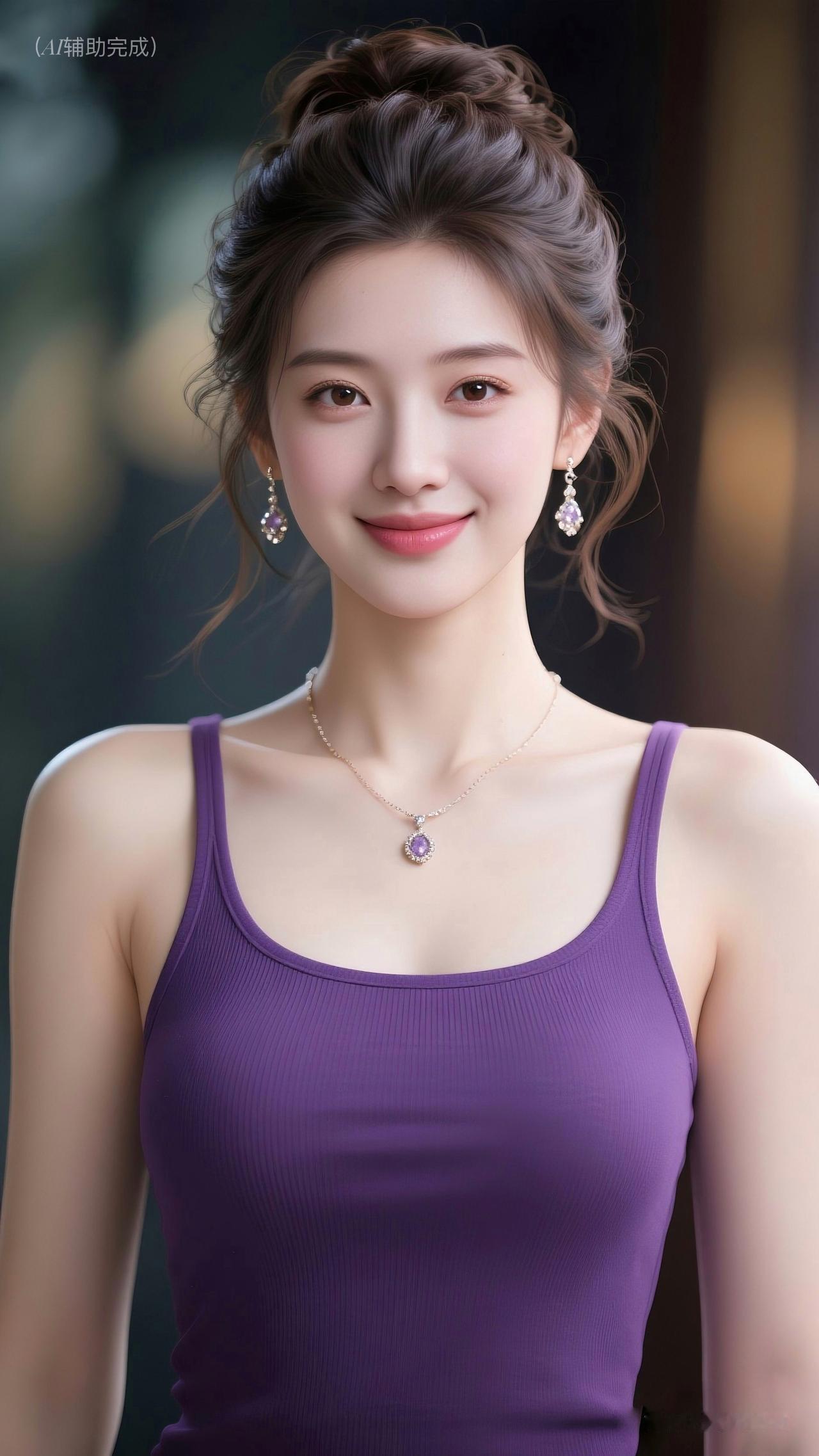 紫衣裹雅态，盘发垂碎发添柔。眉眼含笑唇若樱，紫宝链耳相映亮。柔光虚化淡紫蓝调，静