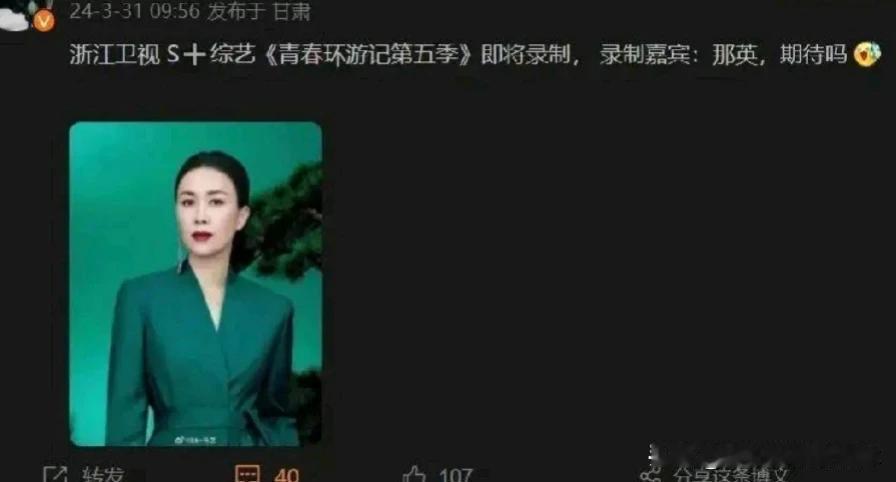 近期，那英在经历了一系列争议和风波之后，重新出现在公众视野中。她被爆将参加浙江卫