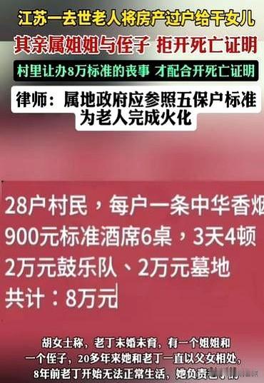 江苏，老人将一套20多万的房子给干女儿，让干女儿给他养老送终，然而他离世之后，老
