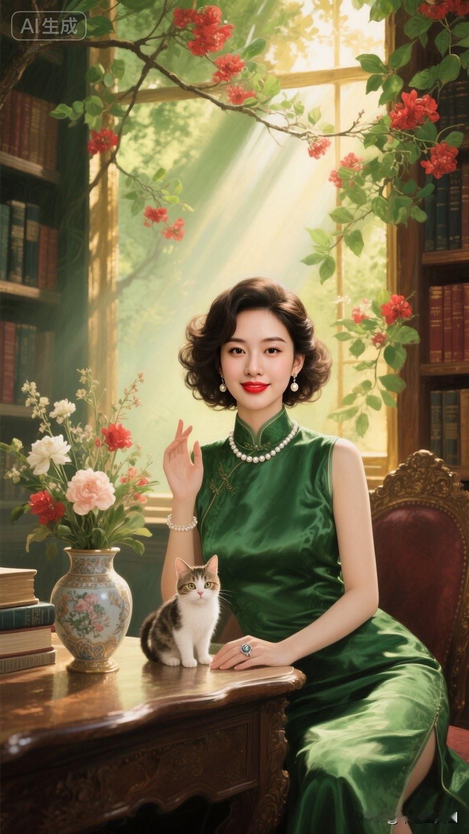 优雅绿裙美人与猫咪的温馨时光