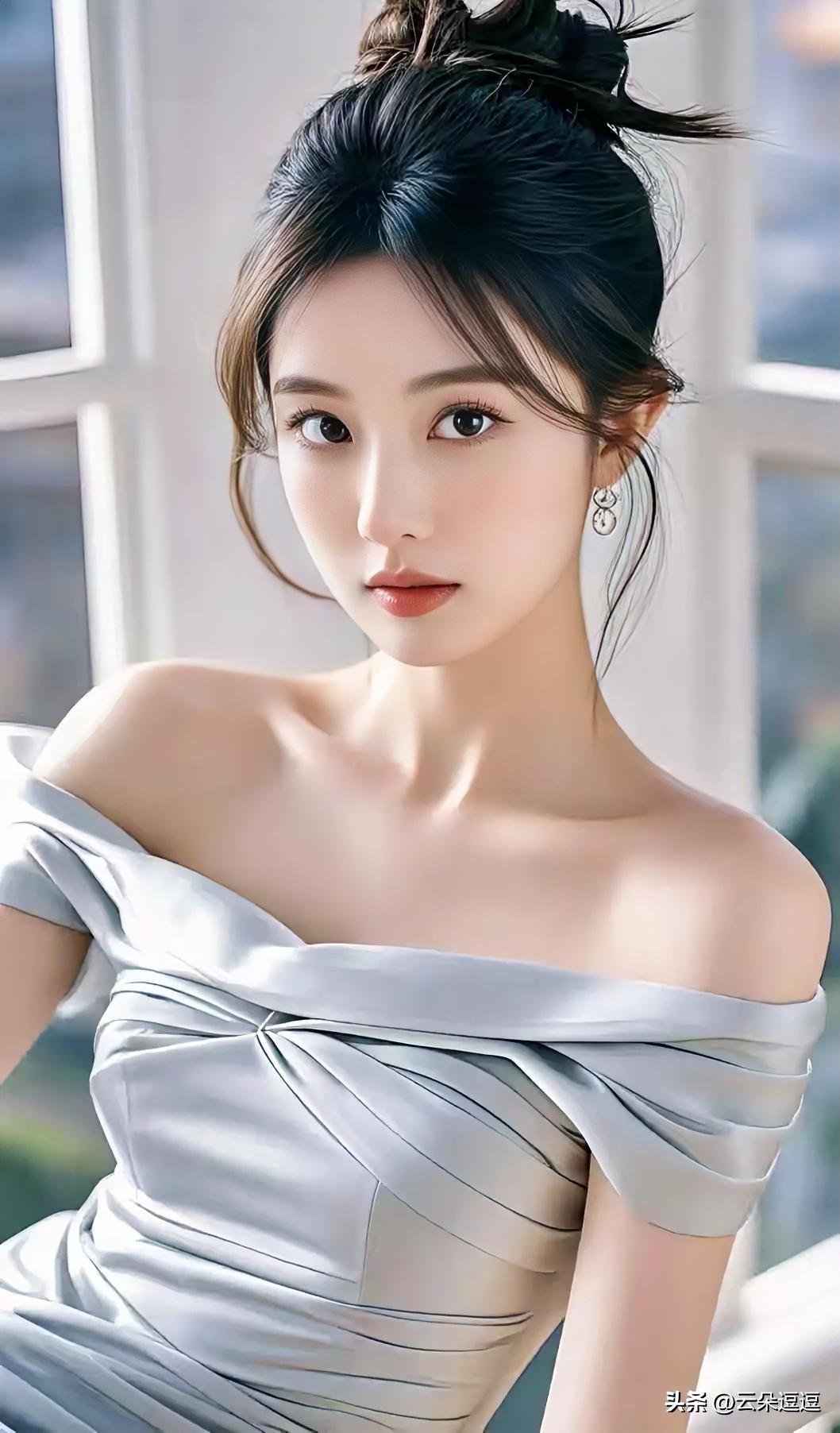 优雅气质，柔美发髻，复古耳环，温柔迷人。