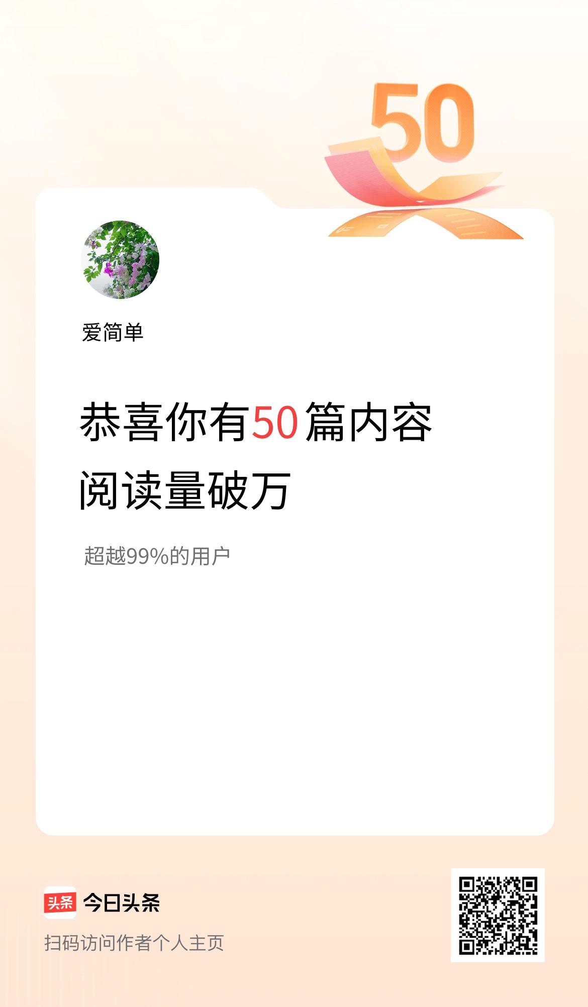 我在头条有50篇内容阅读破万了！