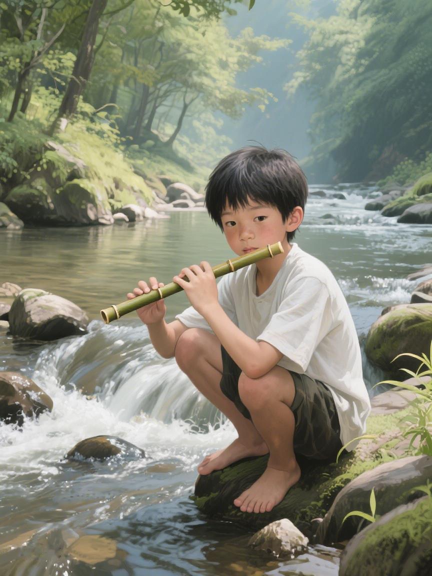 AI妙生图在潺潺溪流边，听竹笛悠扬。于自然韵律里，寻内心宁静一隅💕