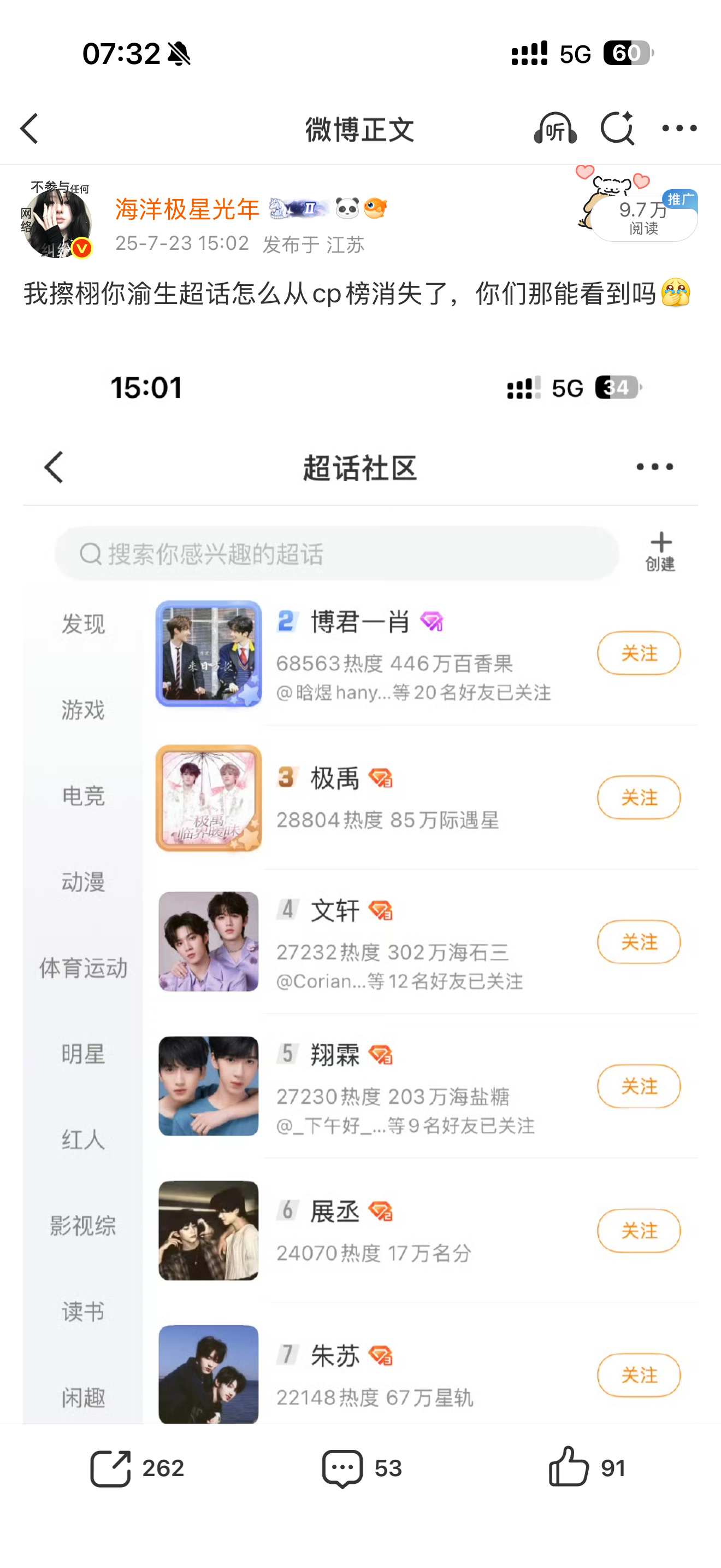 去年今日，栩你渝生超话从cp榜消失的一周年