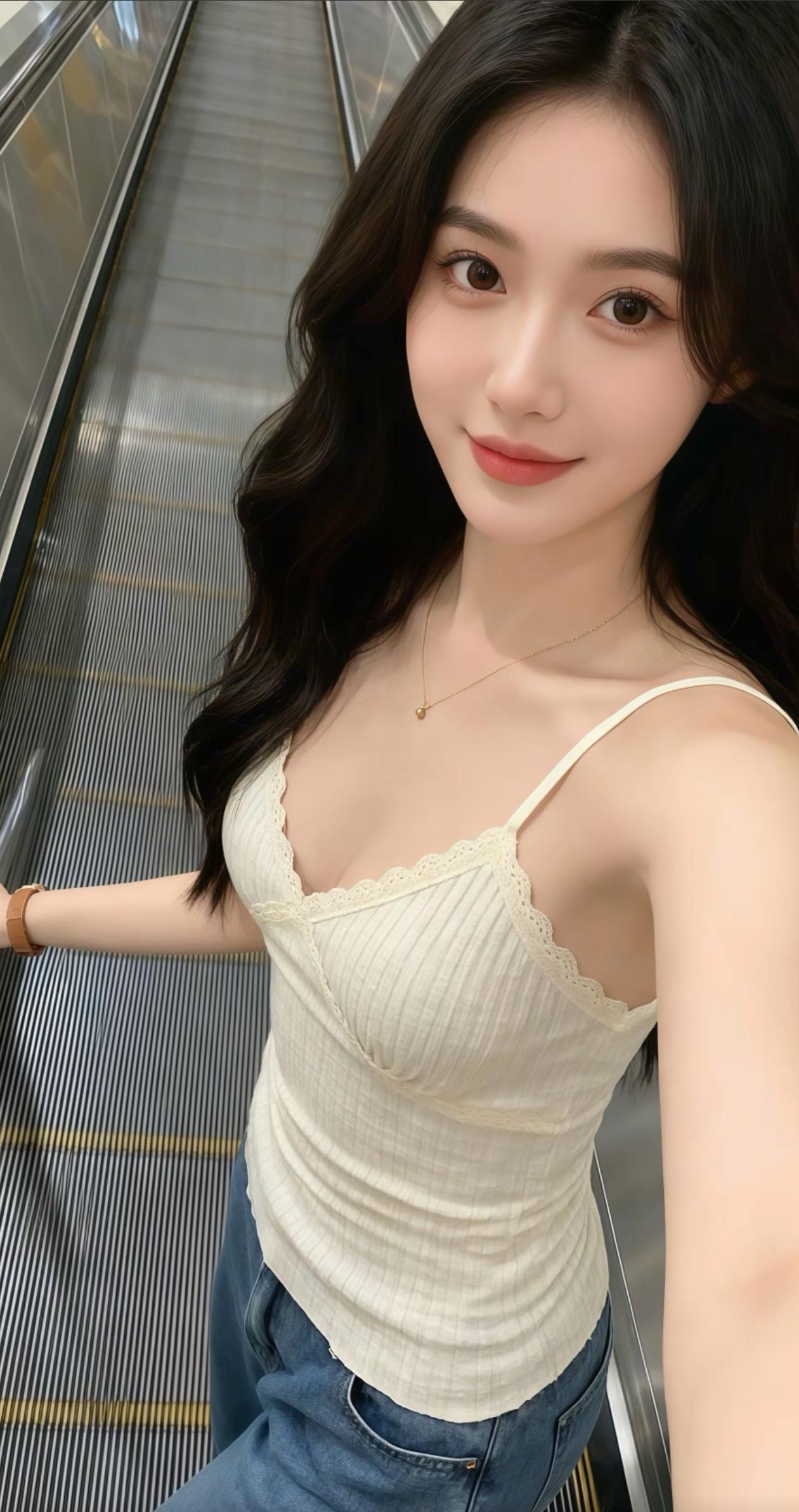 电梯自拍，温柔微笑，白色蕾丝背心，牛仔裤，时尚穿搭