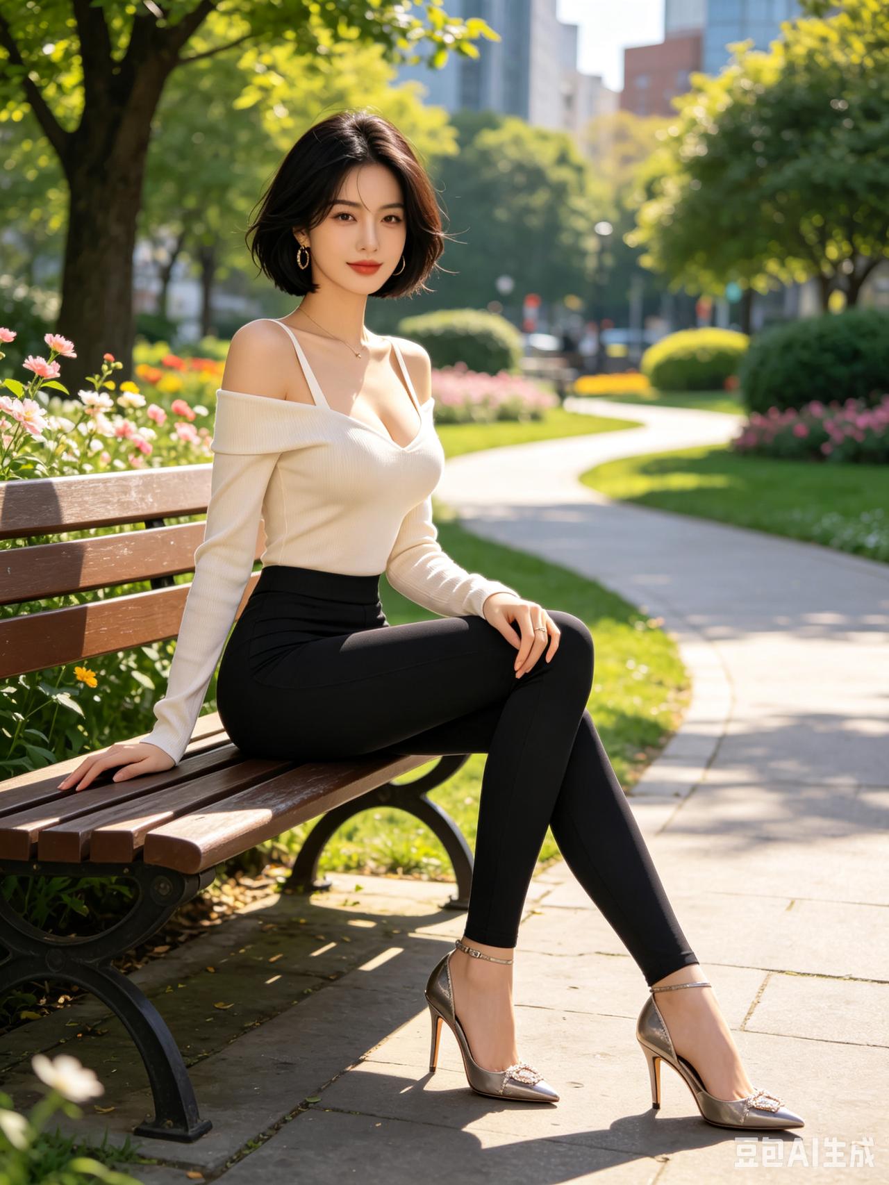 阳光下的优雅都市女性，坐在公园长椅上，享受宁静时光。美不美，您心里知道，希望每天
