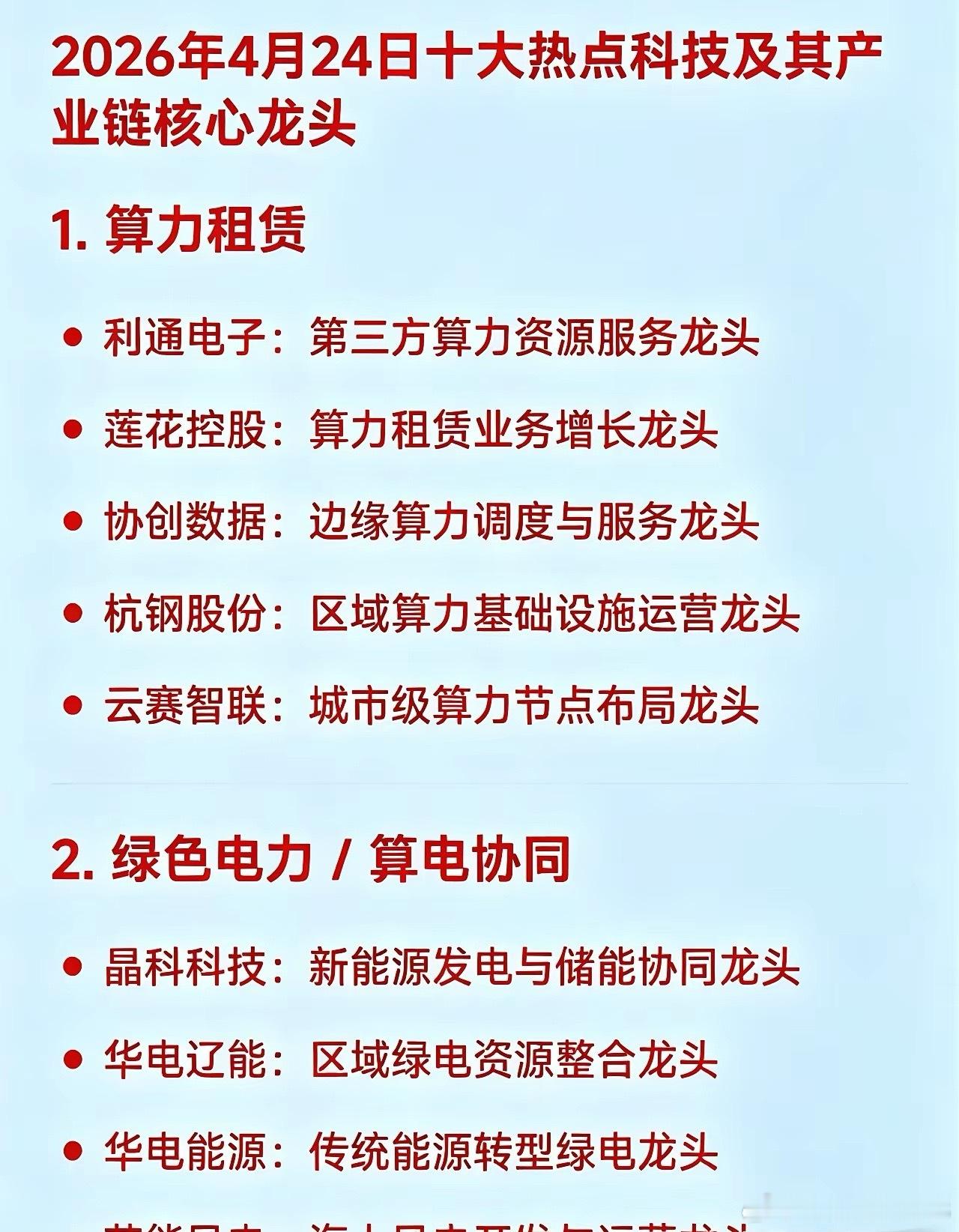 2026年4月24日十大热点科技及其产业链核心龙头1. 算力租赁利通电子：第三方
