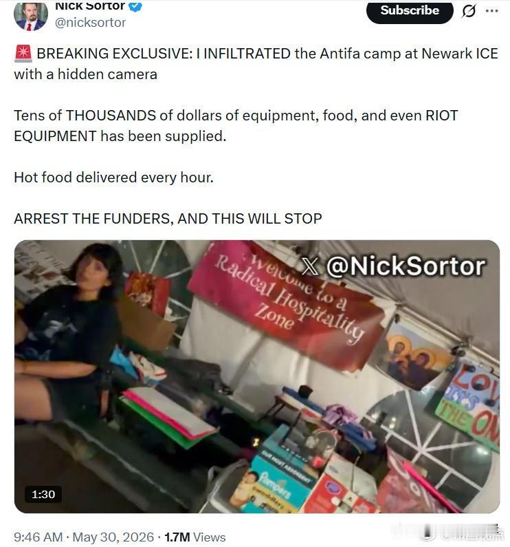 Nick Sortor发文透露他潜入Antifa营地的发现。
“突发独家消息：我