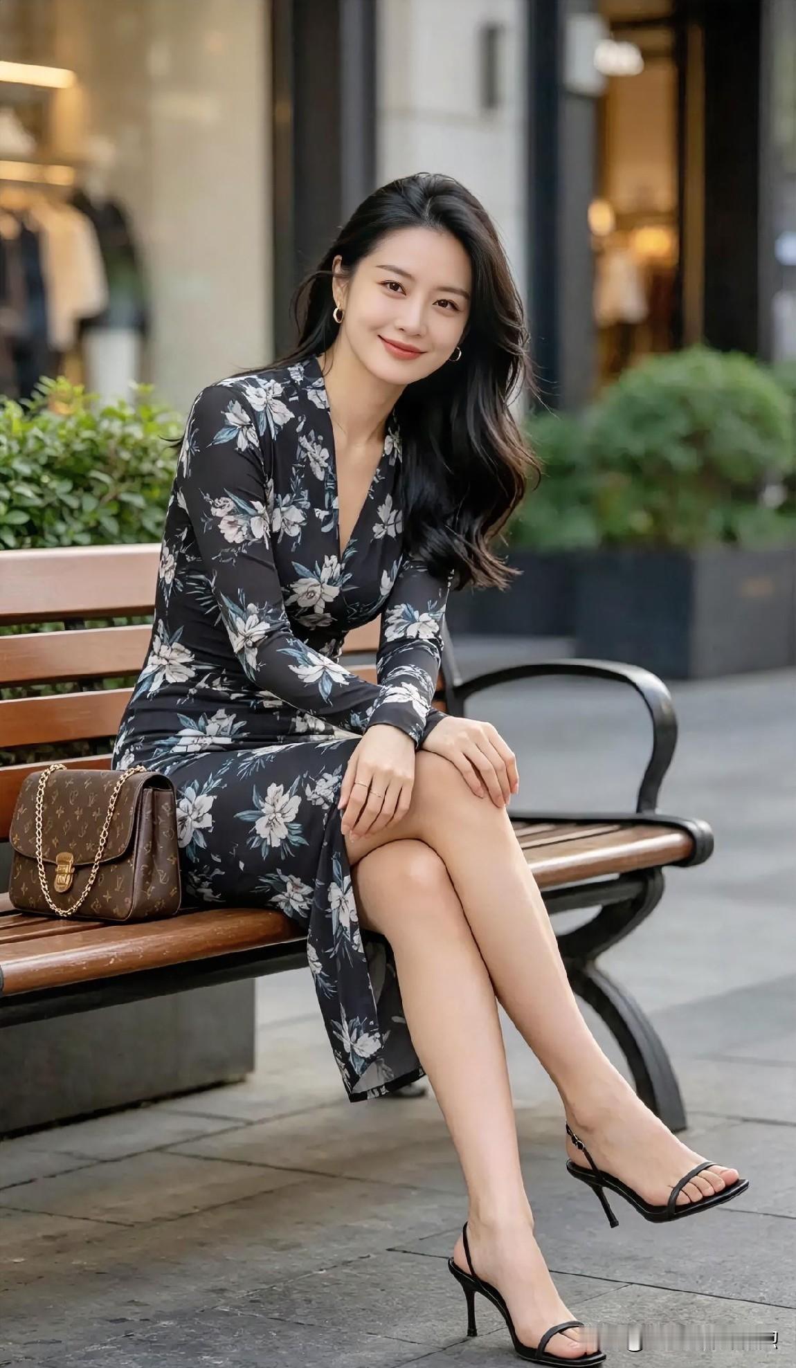 【现代散文诗】

街角长椅，繁花裙影静栖。她笑意温婉，黑丝如夜绽白梅，高跟鞋轻点