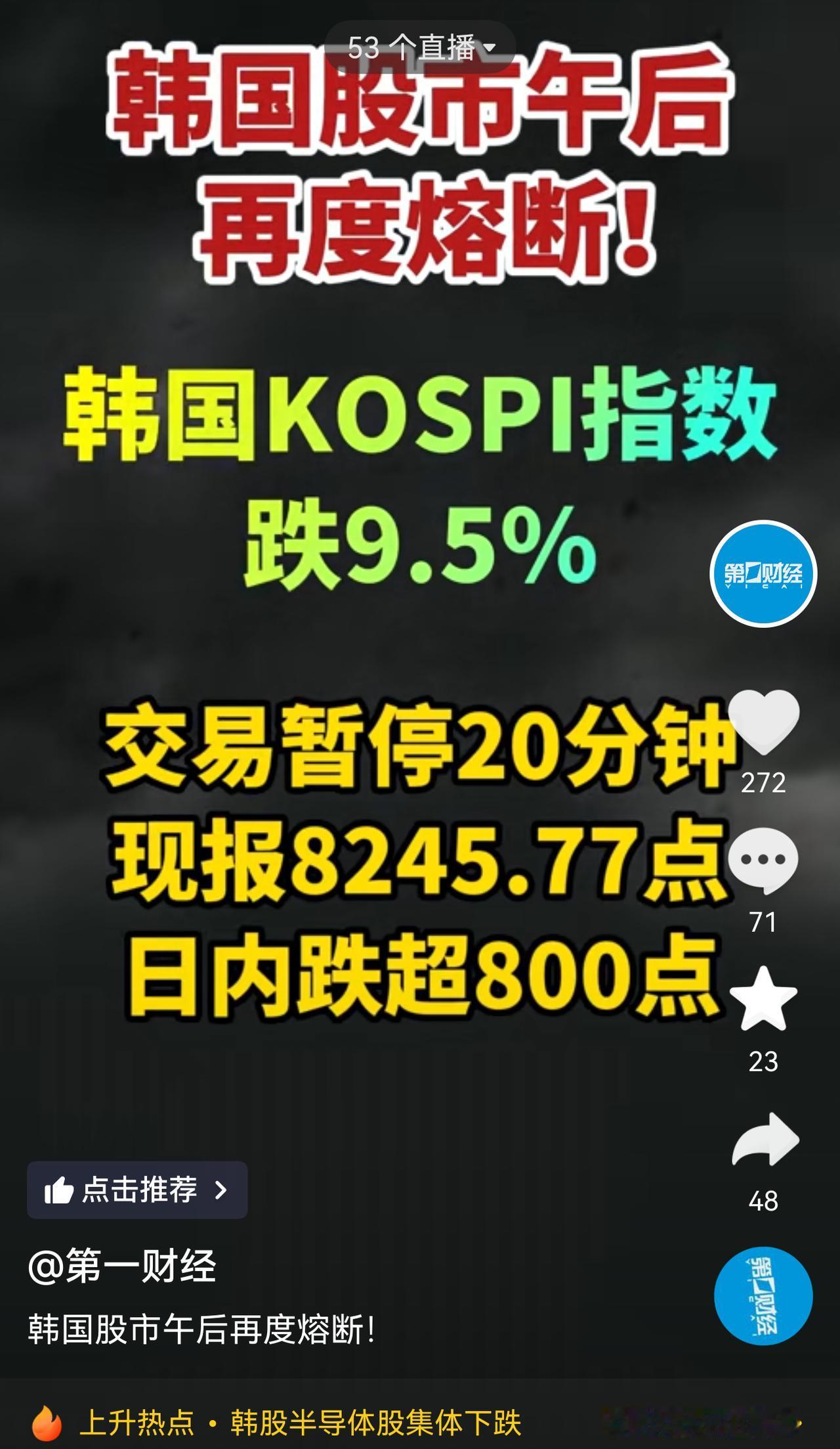 韩国股市收盘跌了9.99％。早就预言了世界杯期间是蹦极行情，今天创业板大跌应该主