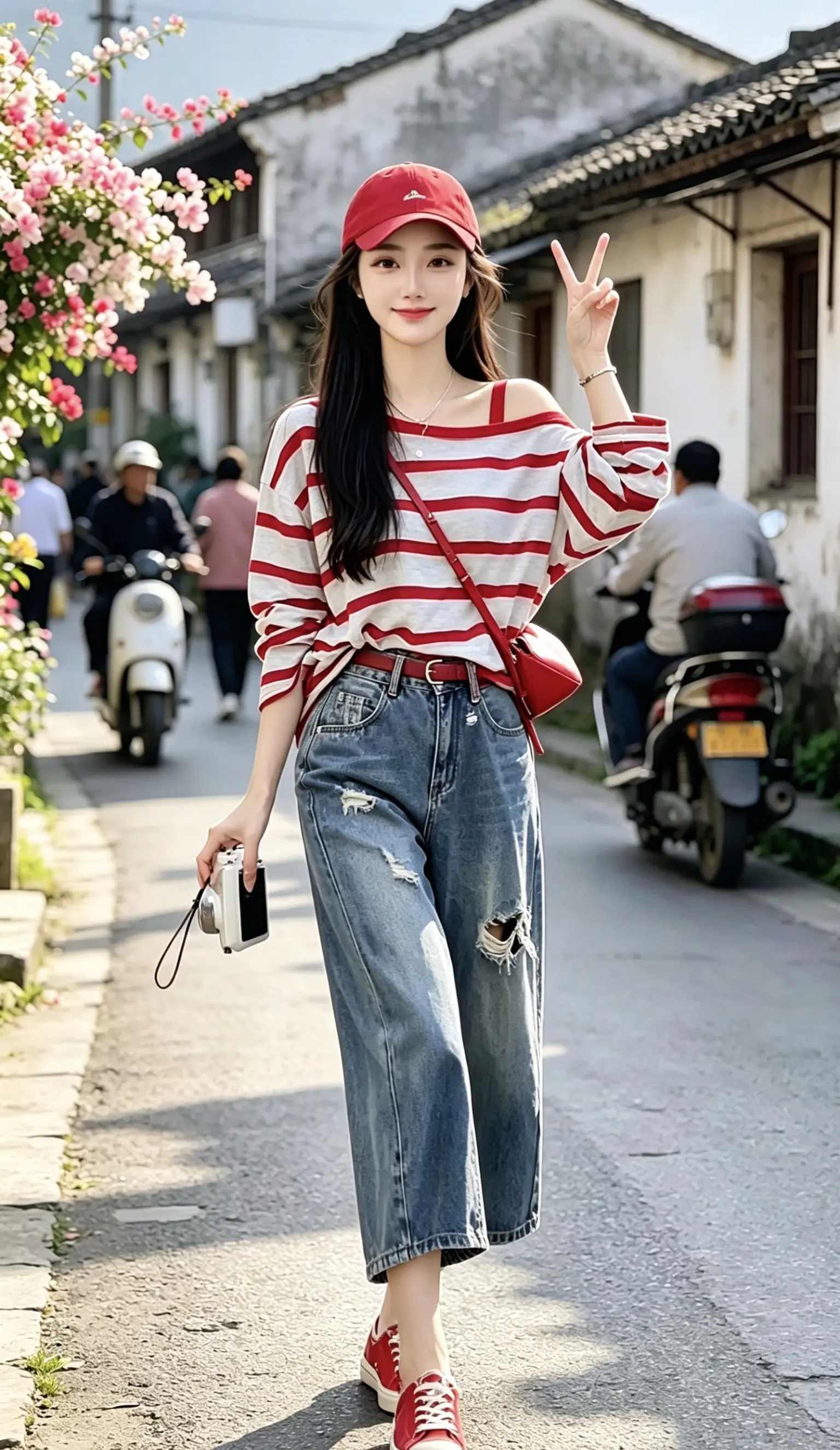 条纹上衣的温柔穿搭 服装时装爱美穿搭时尚潮流 露肩上衣搭配牛仔裤 慵懒风穿搭