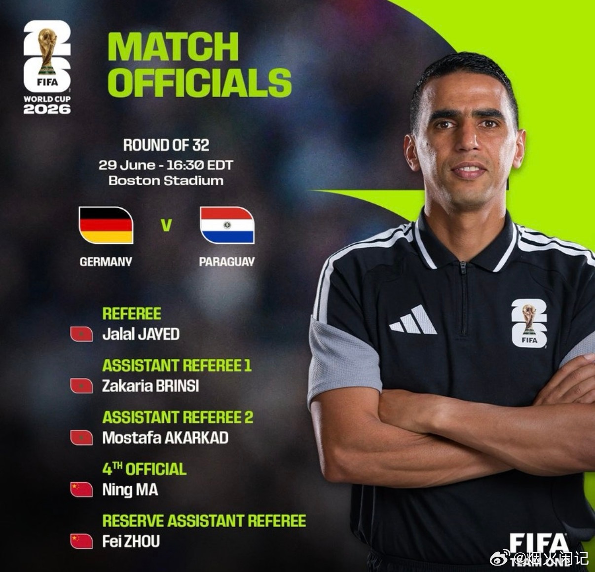 马宁执裁世界杯淘汰赛历史性一刻，FIFA官方确认，马宁将担任德国vs巴拉圭1/1