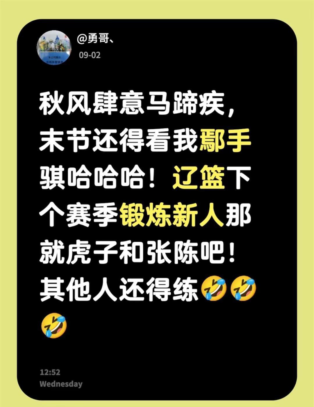 秋风肆意马蹄疾，末节还得看我鄢手骐哈哈哈！辽篮下个赛季锻炼新人那就虎子和张陈吧！
