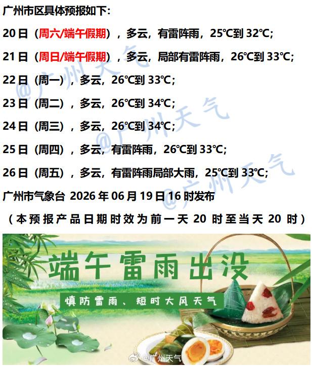 【广州未来七天（6月20日～6月26日）天气概览】广州地区明后两日的端午假期，以