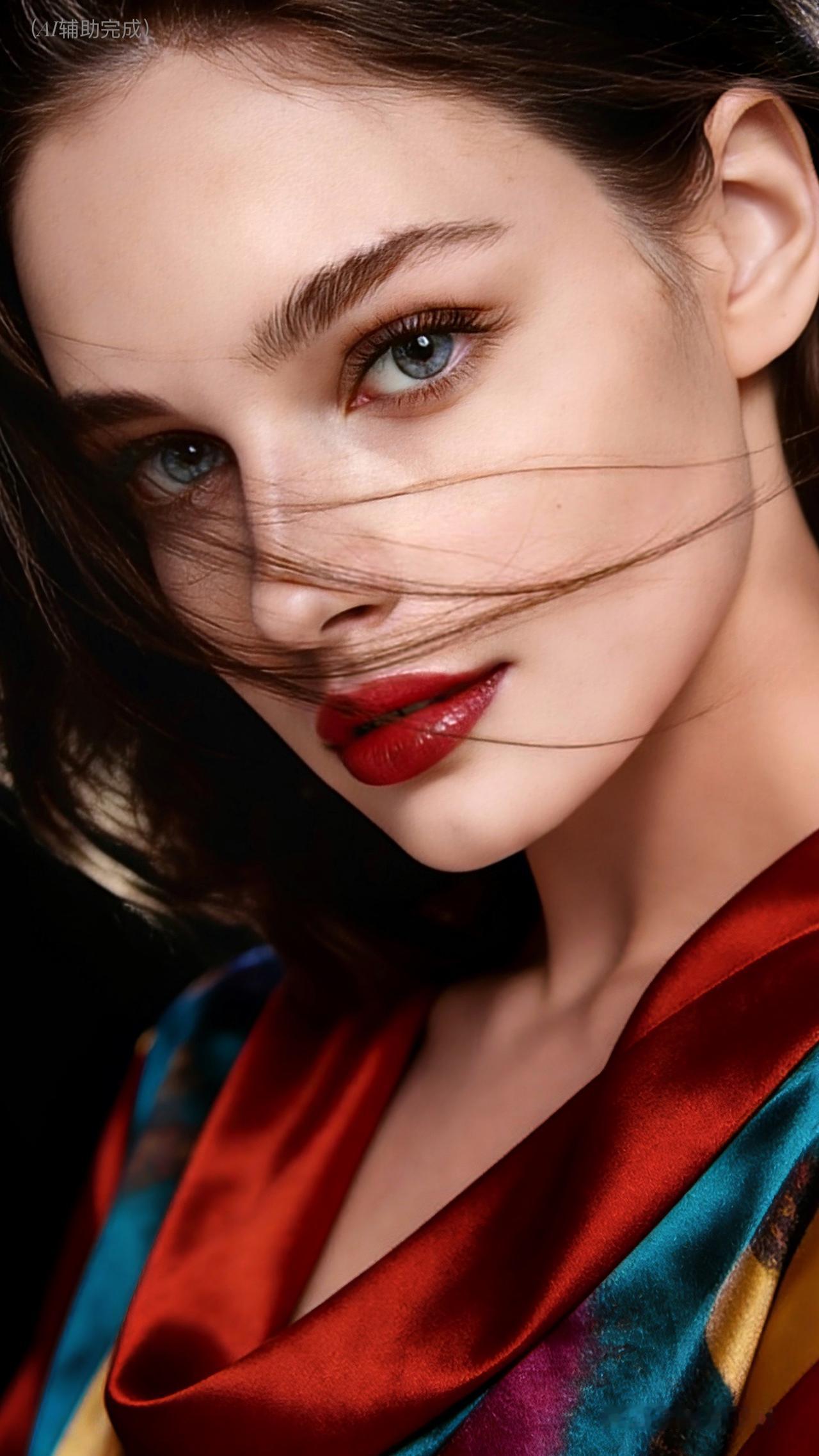 九帧同绘高贵仙。乌发卷浪蓝眸藏星，红唇点绛似焰燃。丝衣流彩（红蓝黄金紫）光泽柔裹