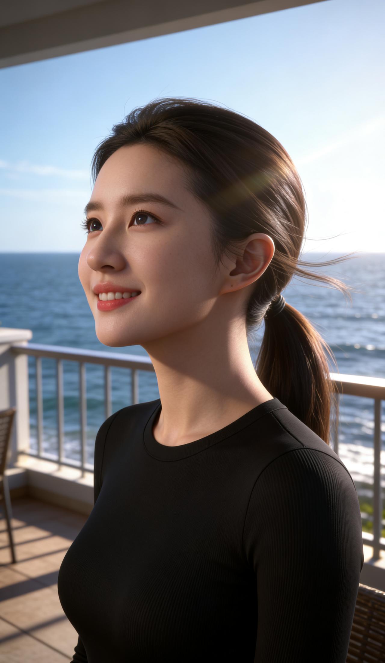 清晨的海风漫过露台，带着咸湿的凉意，拂动她马尾的发梢。她穿一件贴身的黑色针织衫，