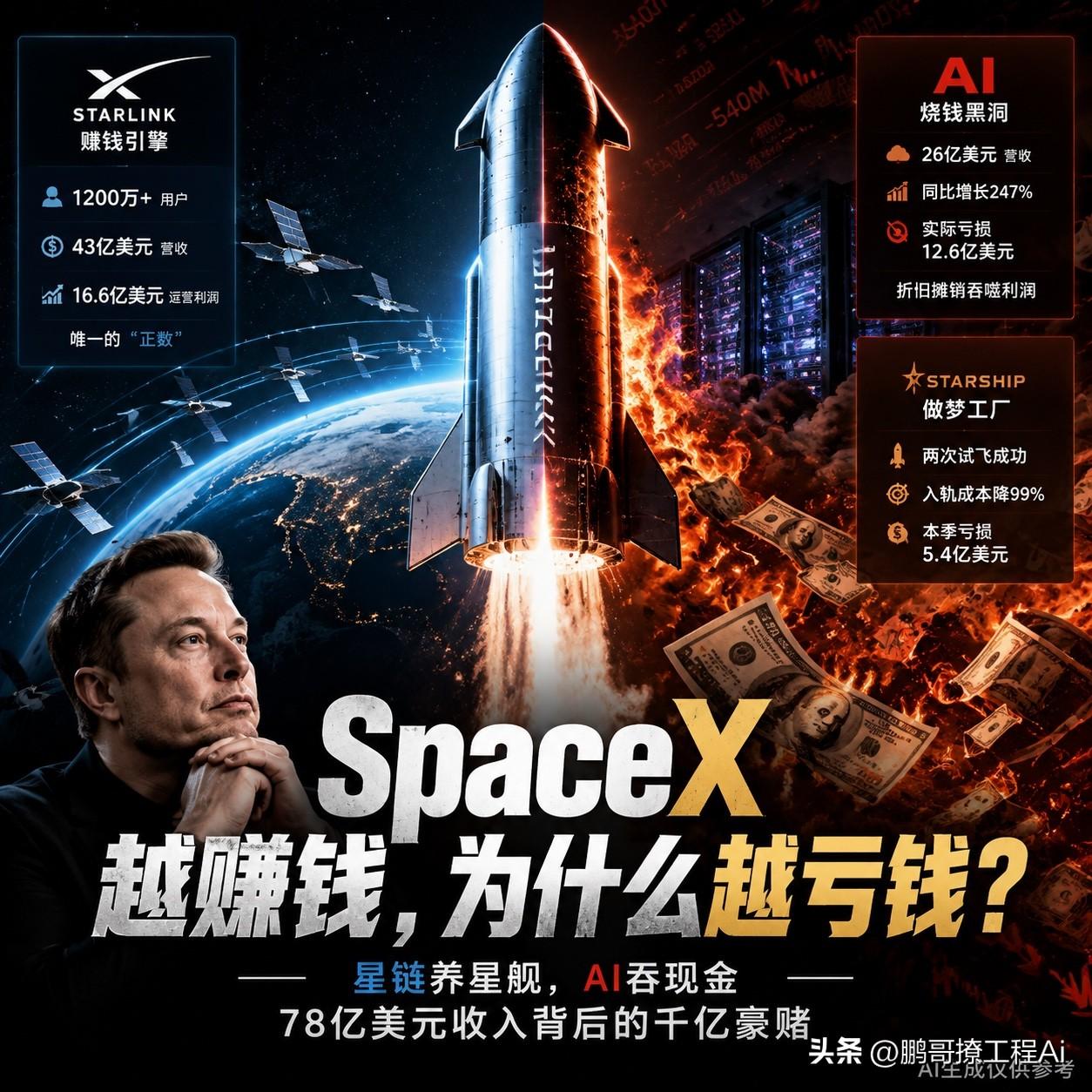 马斯克的 SpaceX刚交了一份让所有人五味杂陈的财报：单季收入78亿美元，暴增