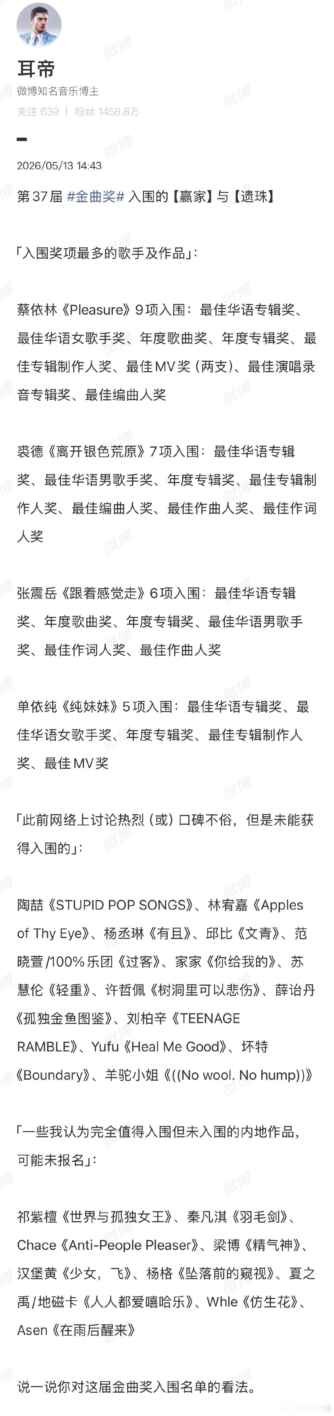 【耳帝谈金曲奖入围名单】耳帝谈金曲奖遗珠 5月13日，第37届金曲奖入围名单正式