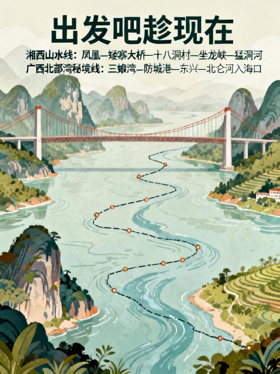 想出发看山水，这几条路线别错过。

第一条是湘西山水线，从凤凰出发，经矮寨大桥、