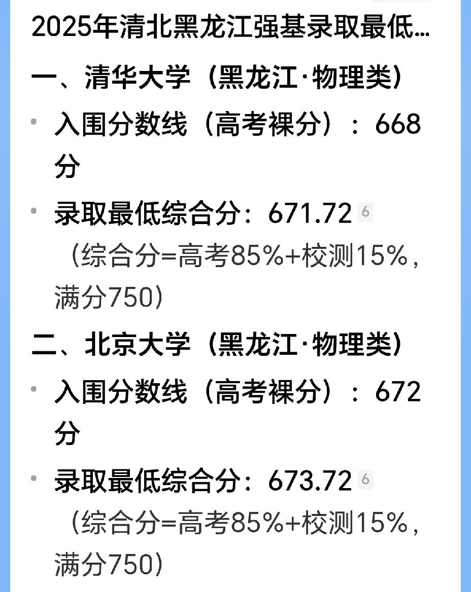 清北强基在黑龙江省又逢大小年之分数交替

2026年人数变化不大，清华由25人减