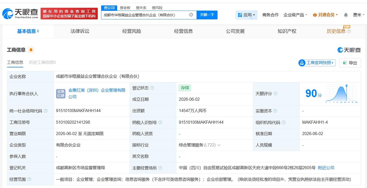 泸州老窖集团等在成都成立新合伙企业 出资额约1.45亿

天眼查App显示，近日