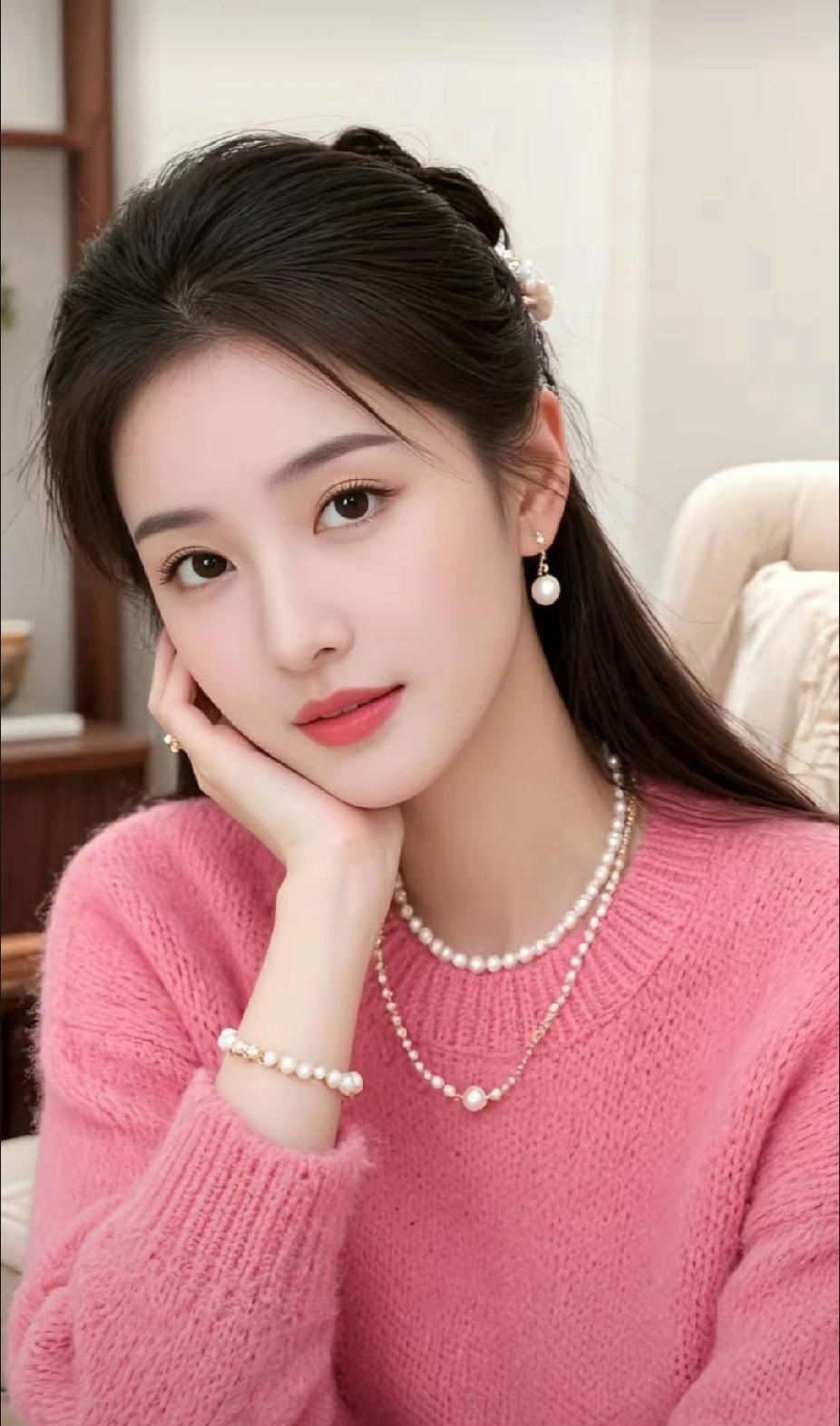 温柔粉毛衣搭配珍珠饰品，少女心满满！